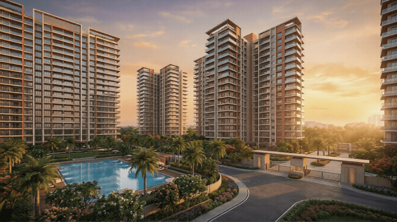 Luxury Indian apartment complex during golden hour